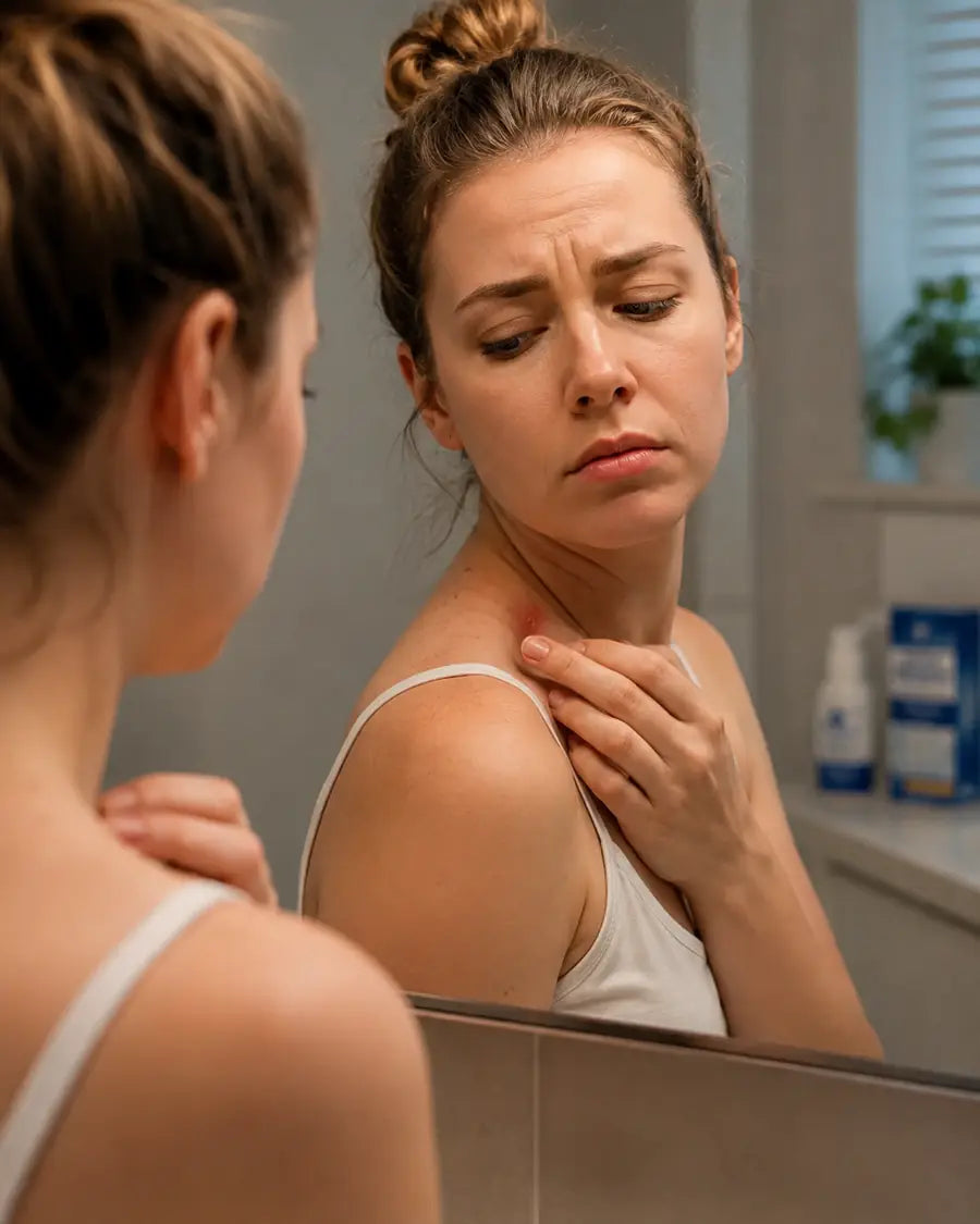 Checking a small raised skin area in the mirror
