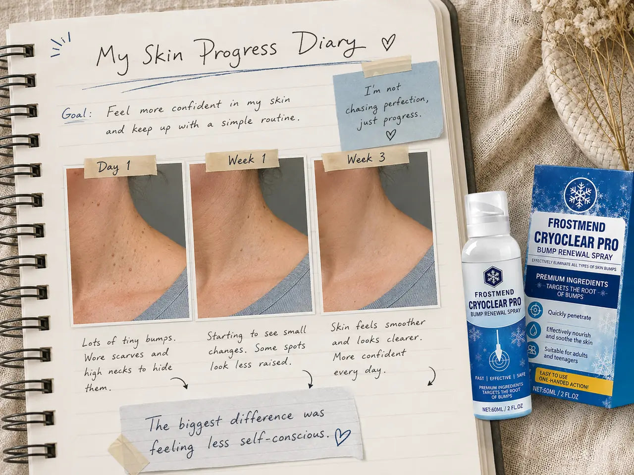 Illustrative Day 1, Week 1 and Week 3 skin routine diary